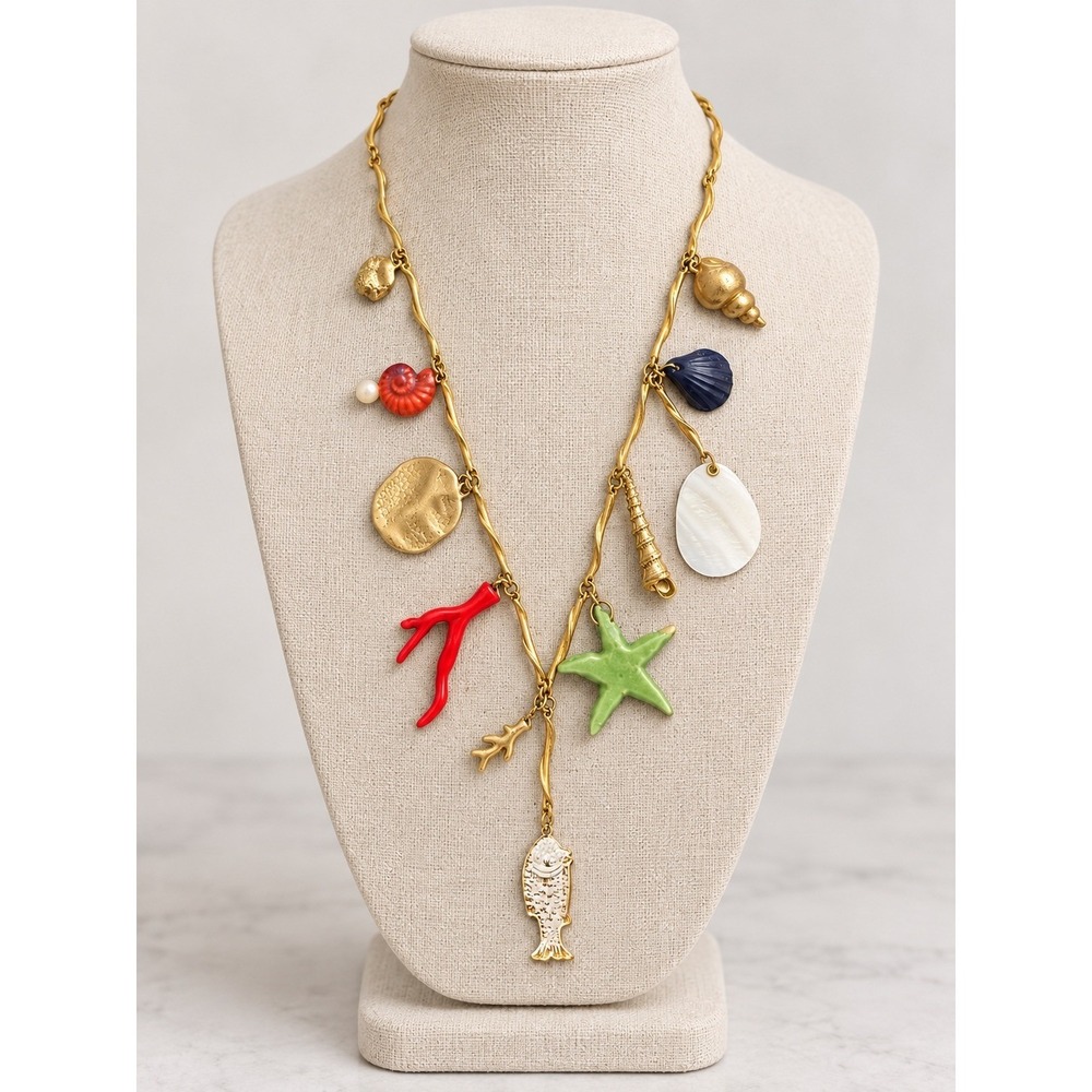 Zara Nautical Sea Charm Necklace Gold Starfish Coral Shell Fish Statement